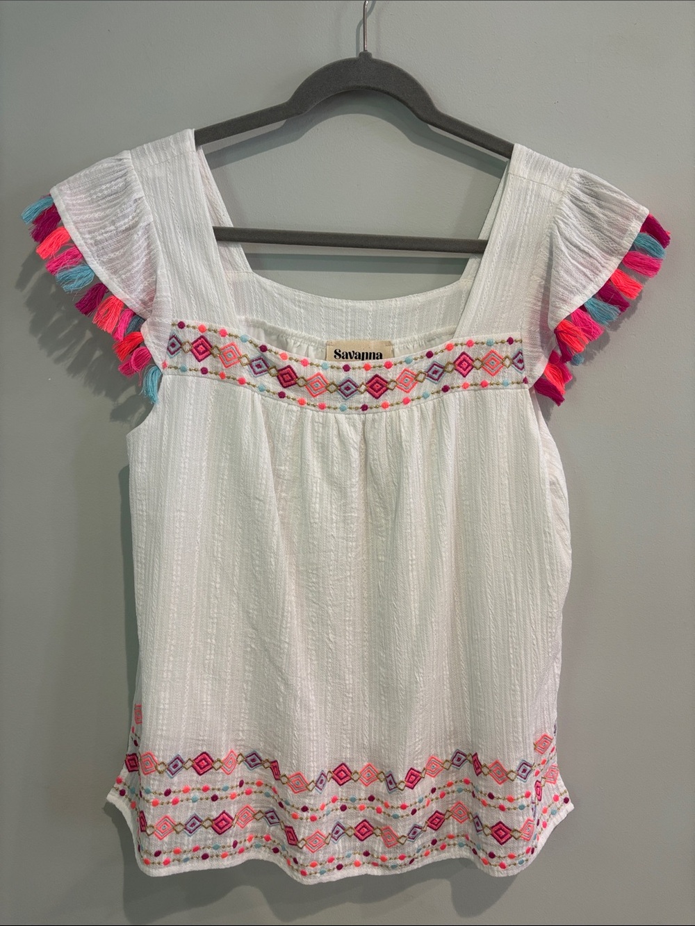 Savannah Jane Embroidered Boho Tassel Flutter Sleeve Top